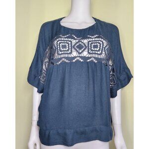 French Connection Embroidered Crochet Blouse Womens 4 Blue Short Sleeve Boho
